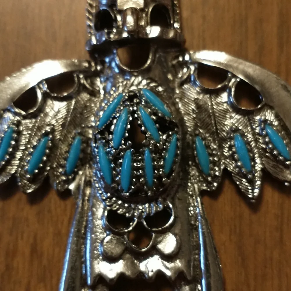 Vintage Southwestern Silver Tone Faux Turquoise Kachina Pendant - Picture 2 of 7